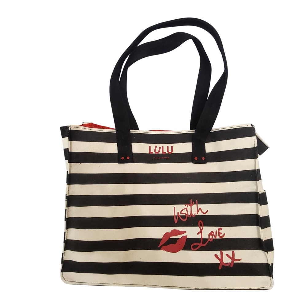 Lulu by Lulu Guinness Striped Canvas Tote Bag With Love Red Lips Black White